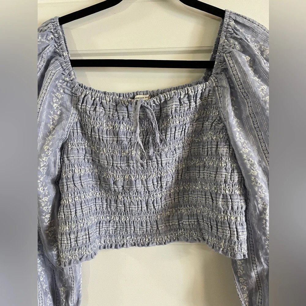 NWT American Eagle Square WomenNeck Floral Blue Crop Top Puff LongSleeves Size L